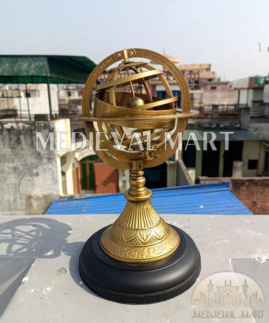 MEDIEVALMART Handmade Engraved Brass Armillary Sphere with Wooden Base – Nautical Globe Decor