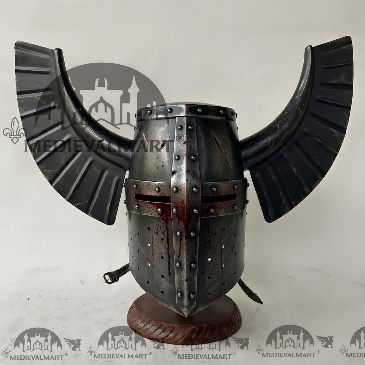 MEDIEVALMART Medieval Templar Warrior Teutonic Damage Black W/H Blood Finish Wing Helmet with Free Stand