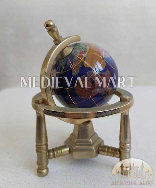MEDIEVALMART Miniature Gemstone Globe with Brass Stand Vintage Desk Decor Lapis Lazuli Style