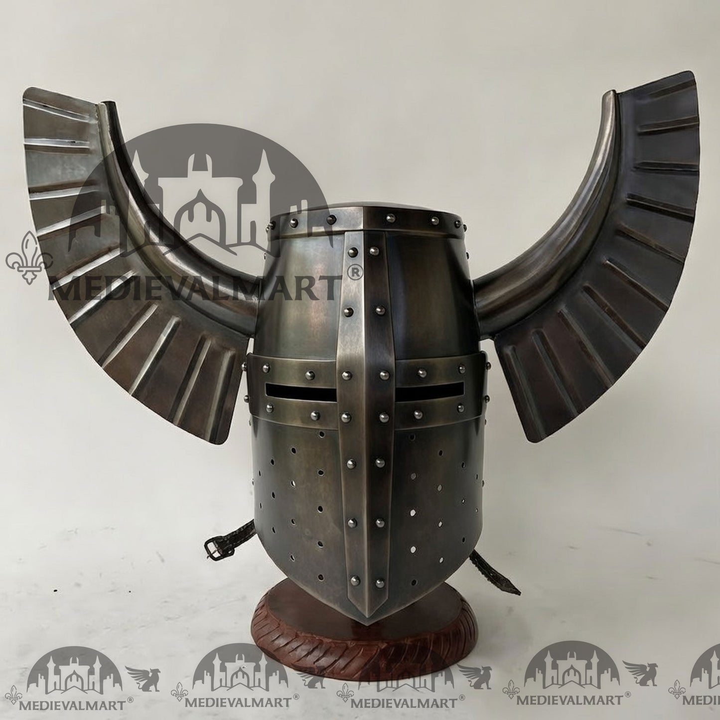MEDIEVALMART Medieval Templar Warrior Teutonic Antique Black Finish Wing Helmet with Free Stand