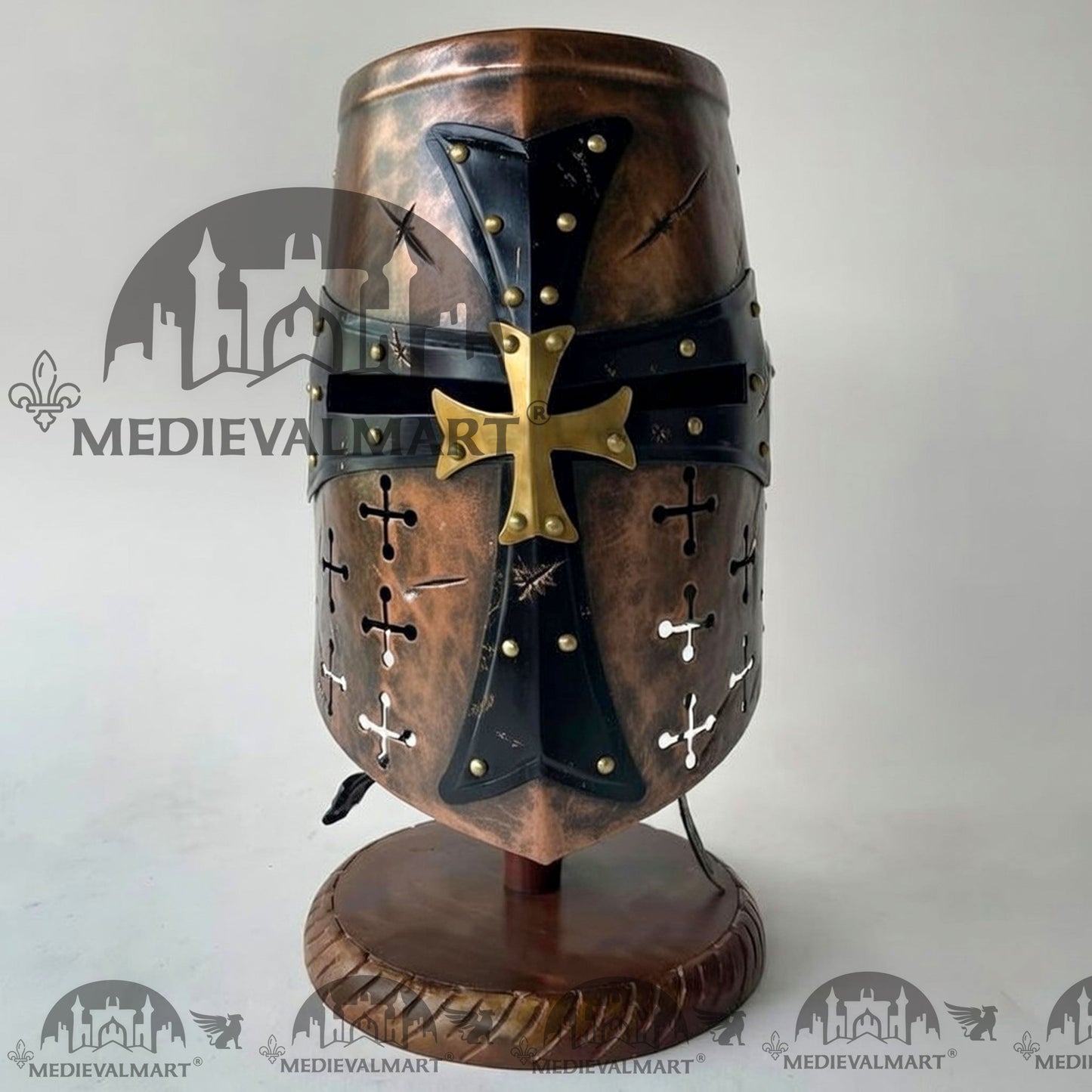MEDIEVALMART Special Templar Crusader Knight Battle Damage Copper Finish Helmet W/H Free Stand