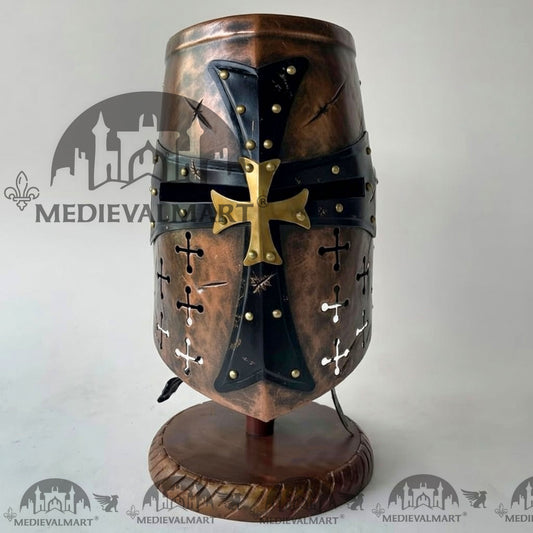 MEDIEVALMART Casque de chevalier templier croisé endommagé de bataille finition cuivre avec support gratuit
