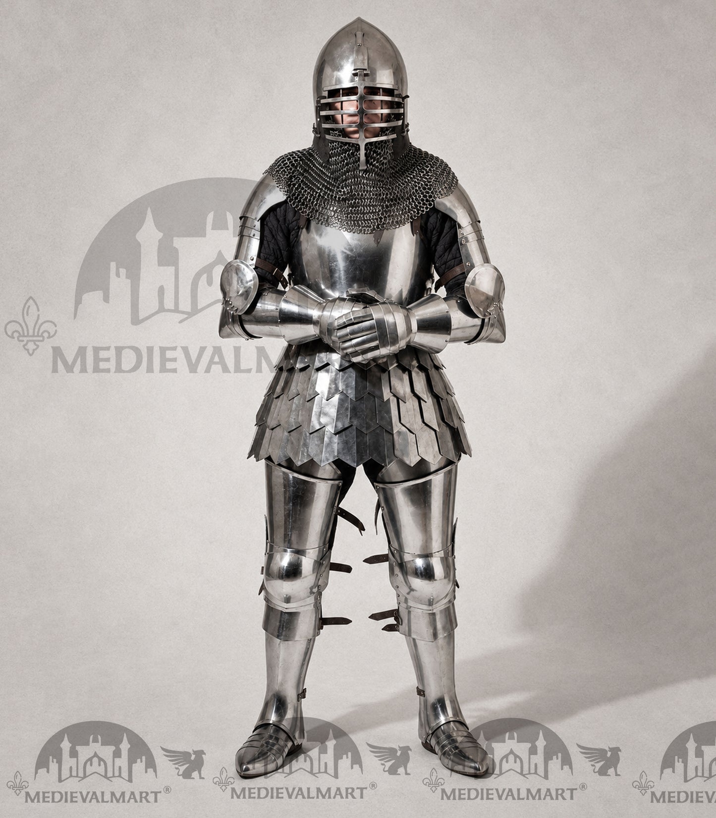 MEDIEVALMART 14th Century Knight Crusader-Era Transitional Plate Hybrid Armor W/H Wolf Ribs Bacinet & Pole Arms Hammer