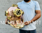 MEDIEVALMART Nautical Rose Gold Finish Diving Helmet With Wooden Base
