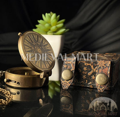MEDIEVALMART Nautical Brass Engraved Adventure Vintage Compass Gold Finish W/H Gen-3 Leather Case | Gift For Dad