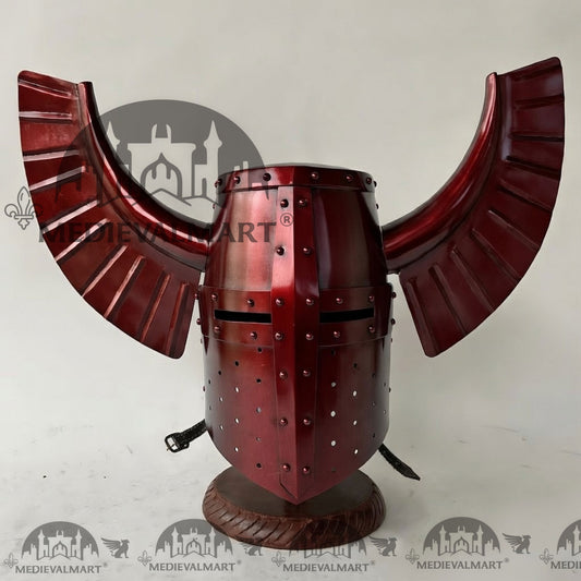 MEDIEVALMART Casque de Guerrier Templier Médiéval Teutonique Rouge Marron Brillant avec Support Offert