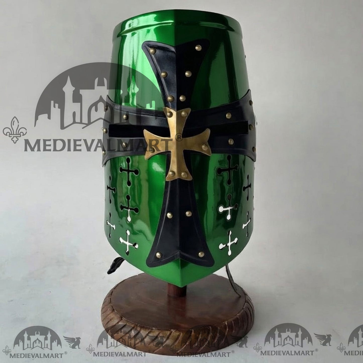 MEDIEVALMART Special Templar Crusader Knight Green Finish Helmet W/H Free Stand
