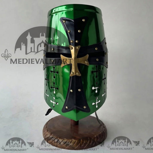 MEDIEVALMART Casque de Chevalier Croisé Templier Vert avec Support Offert