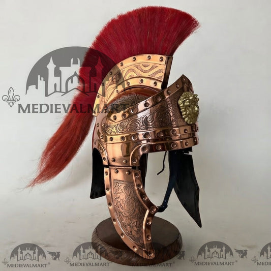 MEDIEVALMART Casque de Centurion Romain Médiéval Finition Cuivre avec panache rouge ou support en bois offert