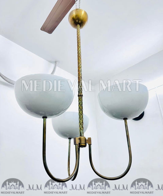 MEDIEVALMART Mid Century Modern Brass White Chandelier: 3-Light Dome Pendant