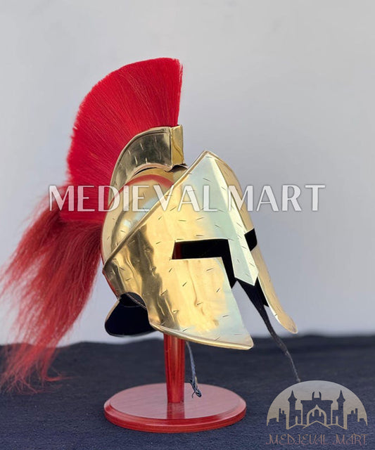 MEDIEVALMART "300" Spartan King Leonidas Shiny Brass Helmet W/H Free Stand | 300 Props