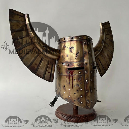 MEDIEVALMART Casque de chevalier templier teutonique avec finitions dorées endommagées et traces de sang, avec support gratuit