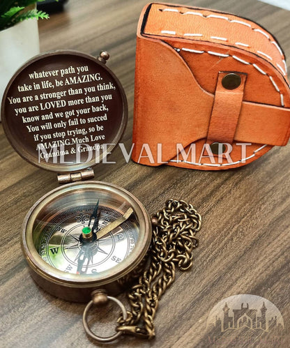 MEDIEVALMART Personalized 100 Years Colanders Nautical Compass Gold Finish W/H Leather Case | Gift For Mom & Dad
