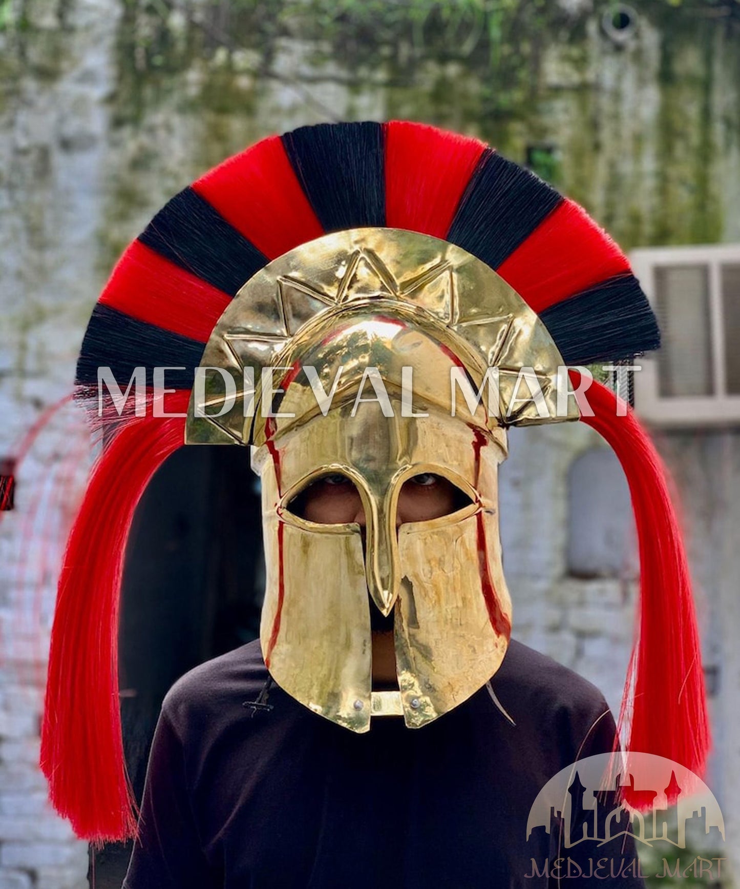 MEDIEVALMART "7th Cen BCE" Greek Corinthian Gold Finish Full Size Royal Helmet W/H Plume or Free Stand | Greek Props