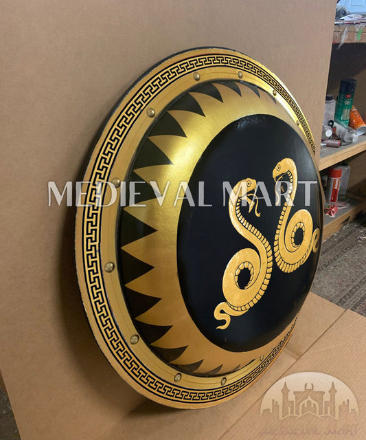 MEDIEVALMART Iconic Double Snake Ancient Greek Hoplite Battleworn Metal/Brass Shield | Gifts For Dad