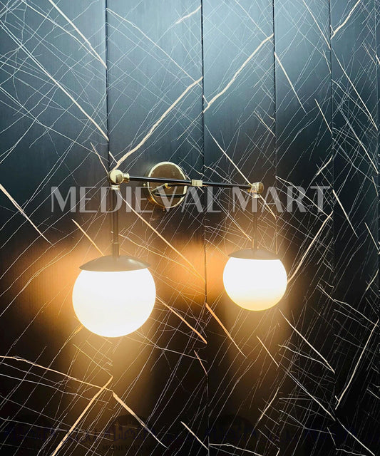 MEDIEVALMART Handcrafted Brass Two-Globe Vanity Light: Modern Bathroom Lighting