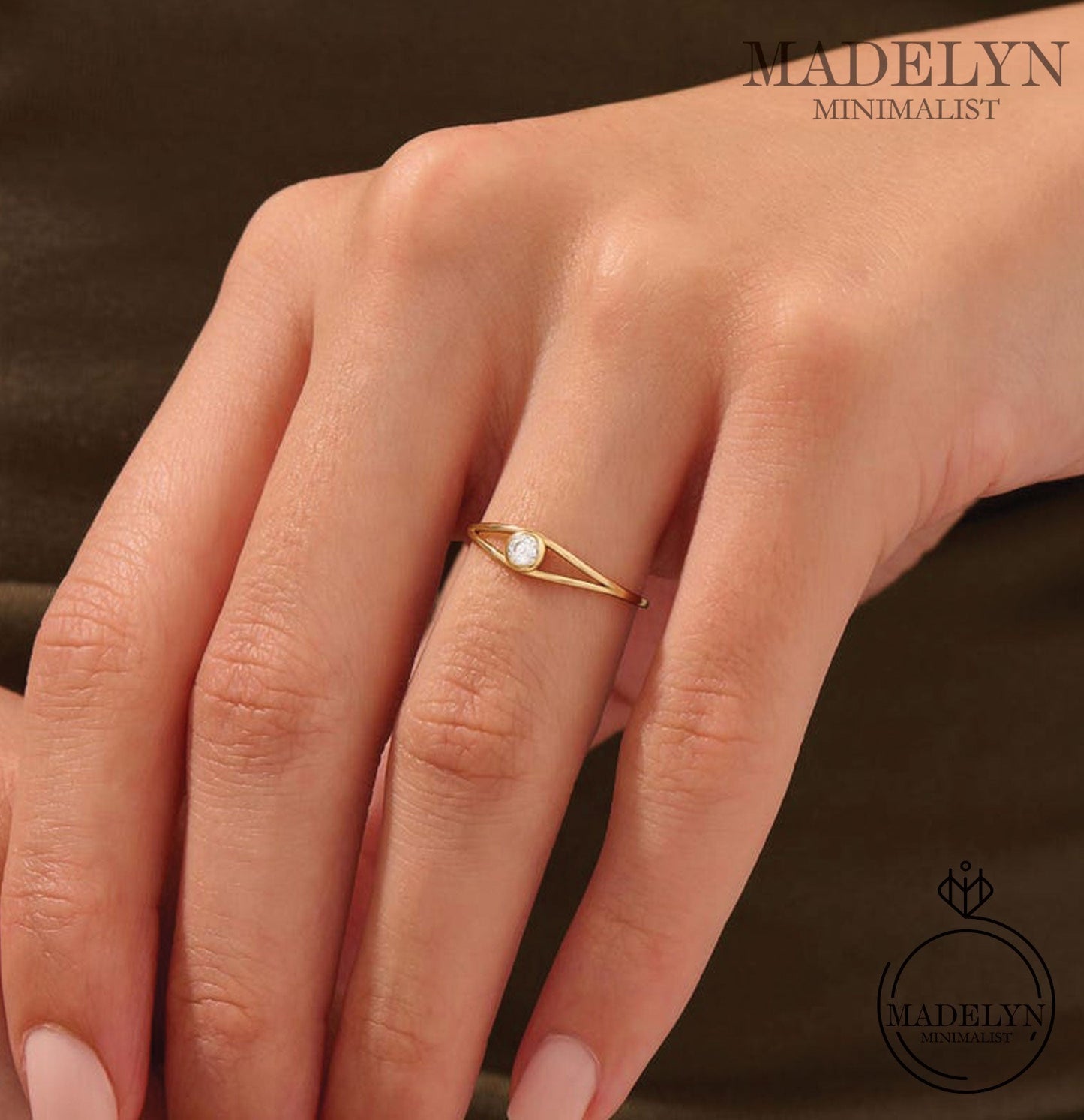 MADELYN MINIMALIST 14k Solid Gold Dainty Split Shank Solitaire Engagement Ring for Women | Gift For Mom