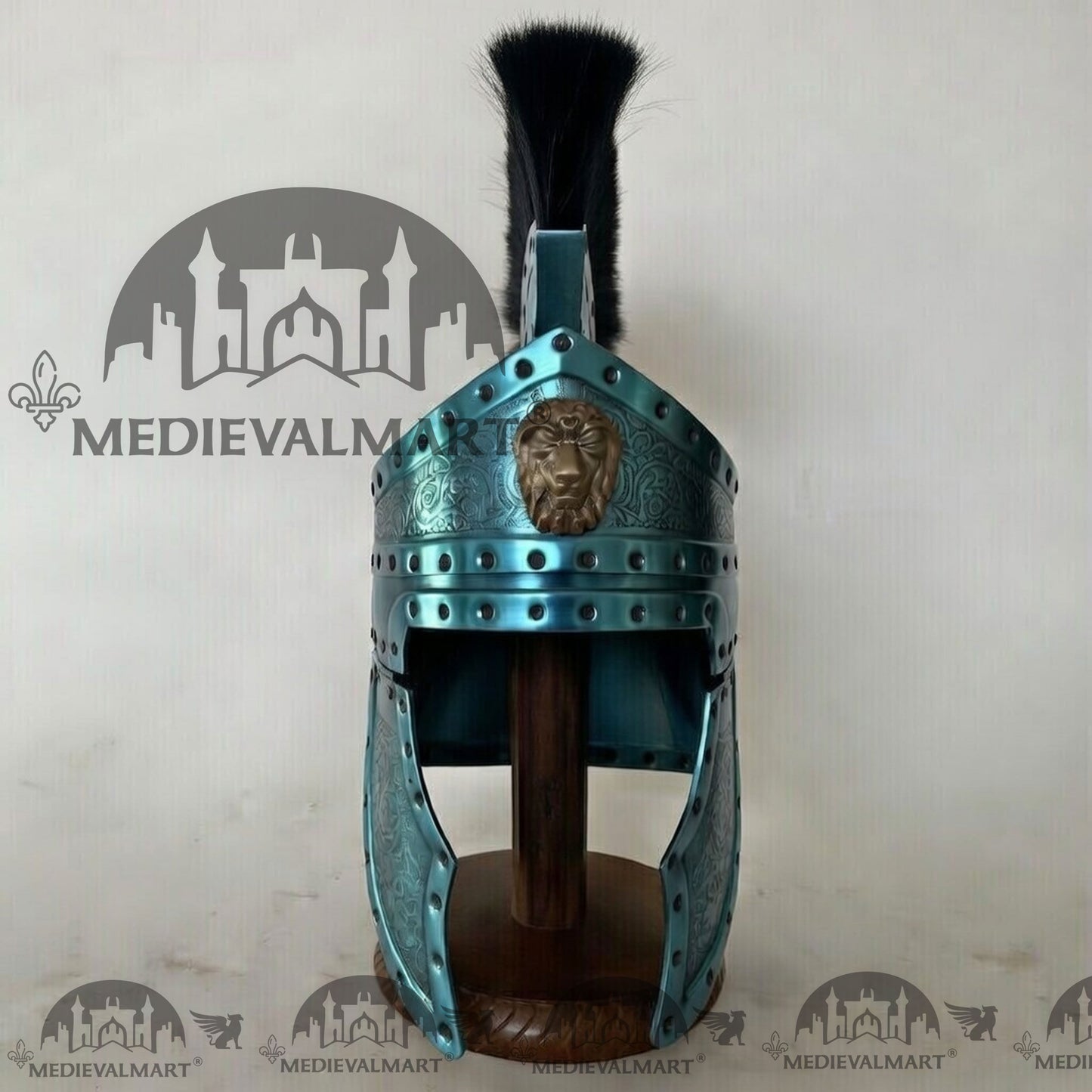 MEDIEVALMART Medieval Roman Centurion Aqua Blue Finish Helmet with Black Plume or Free Wooden Stand