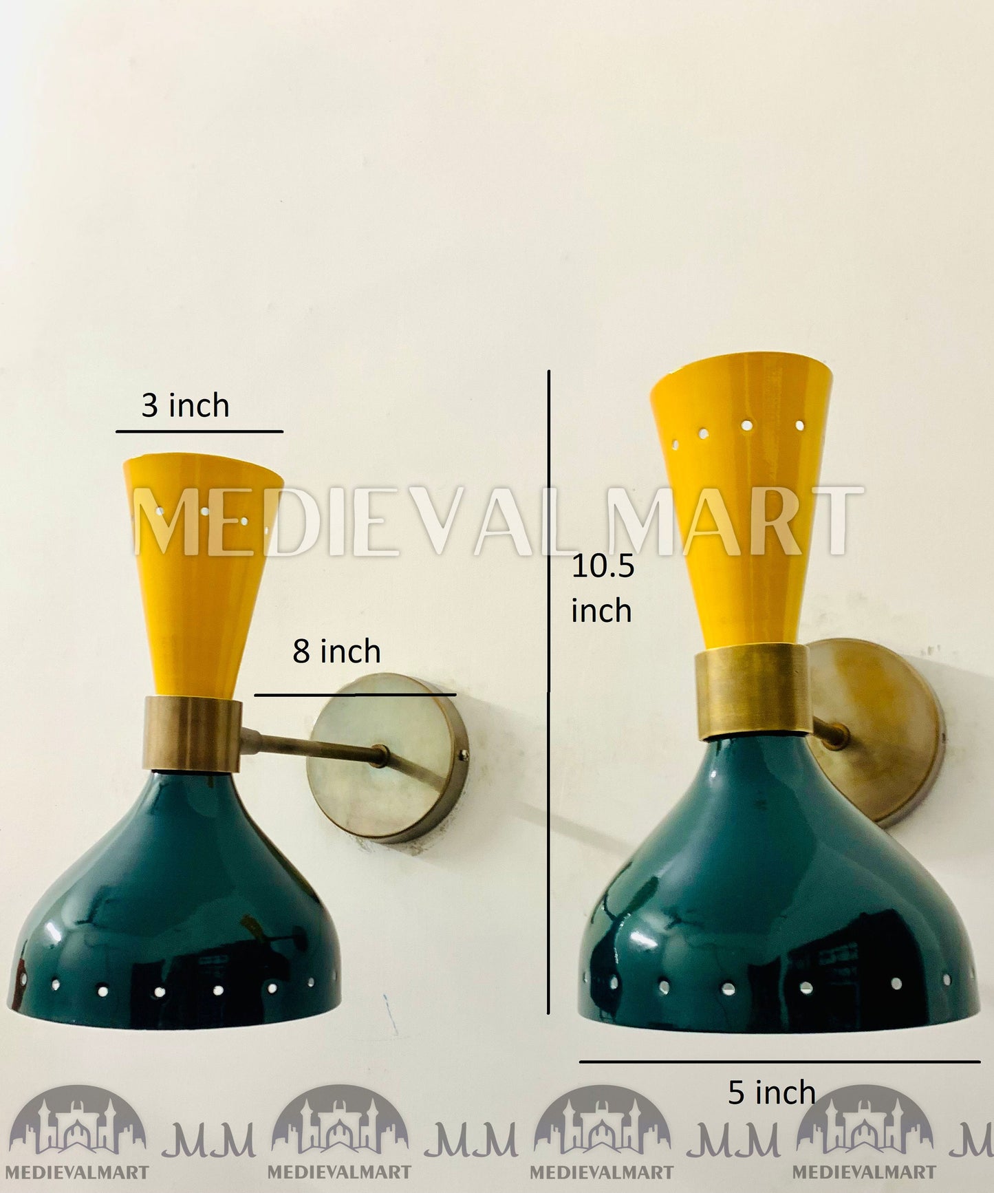 MEDIEVALMART Mid Century Italian Diabolo Wall Sconce Pair: Green & Yellow Brass Lighting