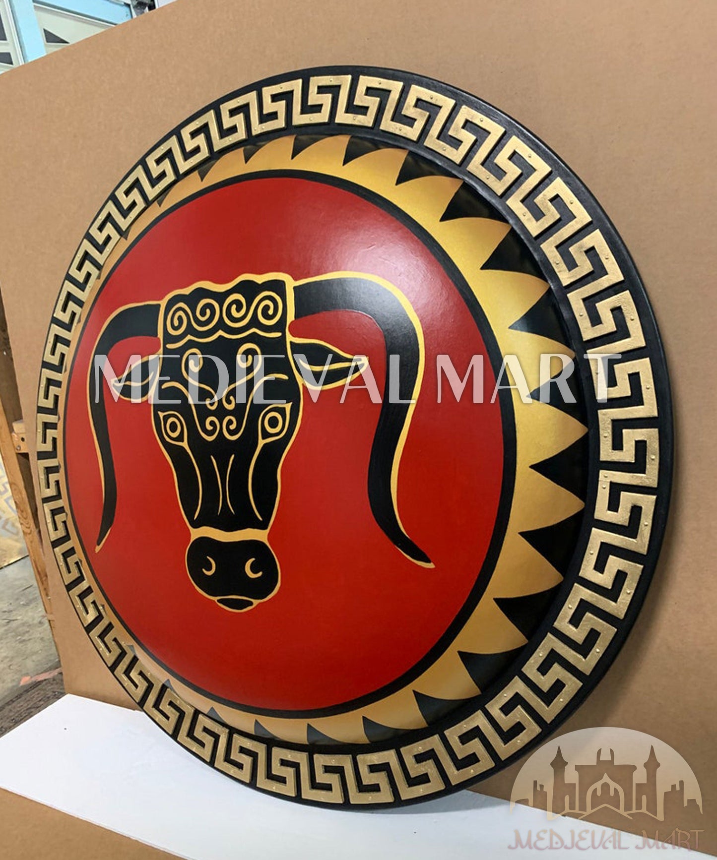 MEDIEVALMART Iconic Brazen Bull Ancient Greek Hoplite Battleworn Metal/Brass Shield | Gifts For Dad