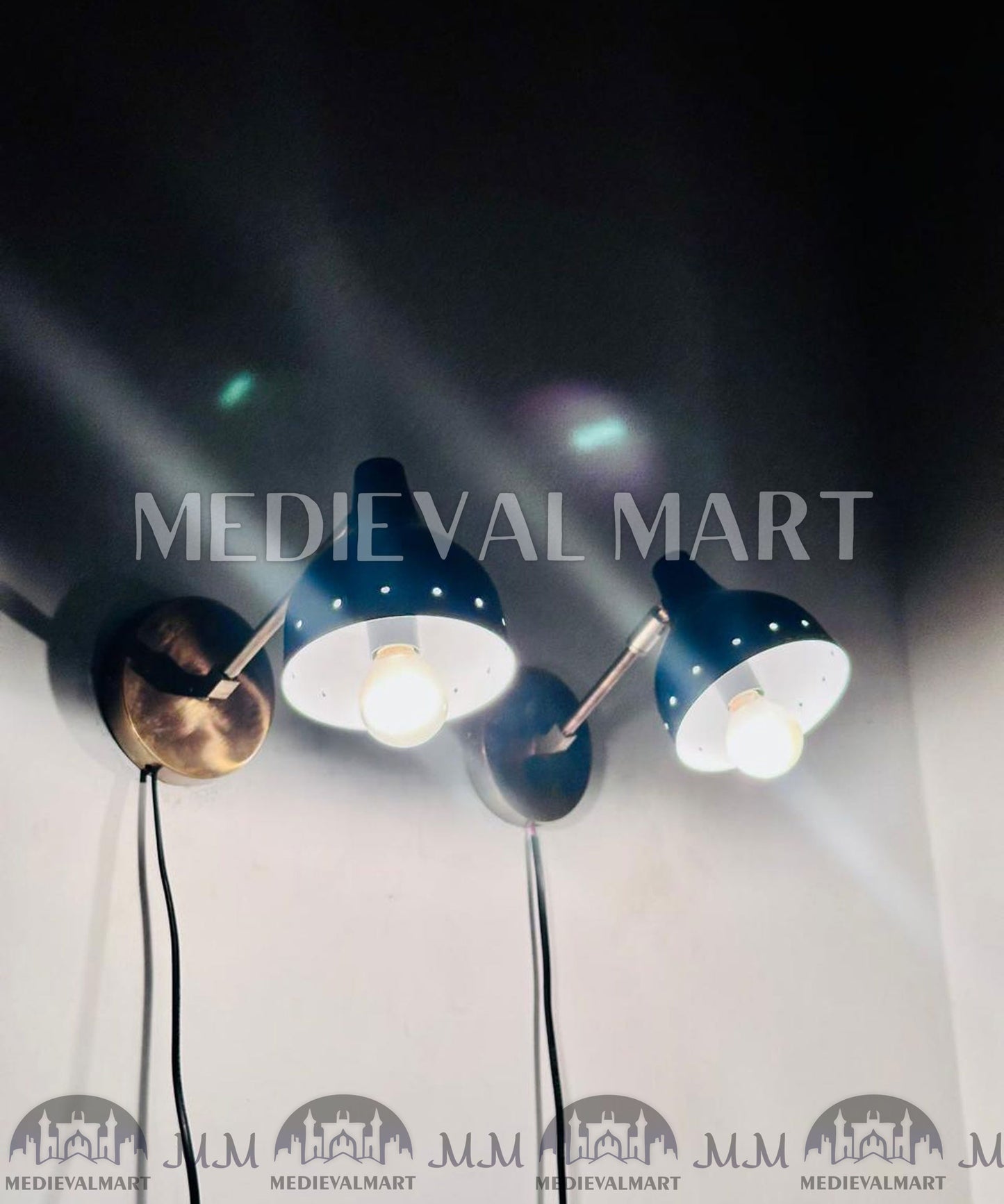 MEDIEVALMART Mid Century Brass Diabolo Wall Sconce: Navy Blue Adjustable Light (Set of Two)