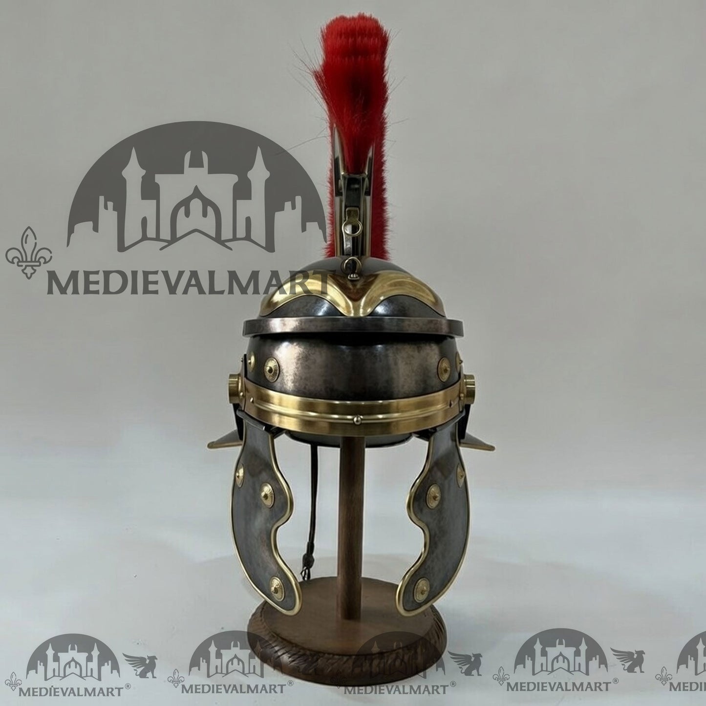 MEDIEVALMART Gallic Roman Centurion Antique Black Finish Helmet Replica Red Plume with Free Stand