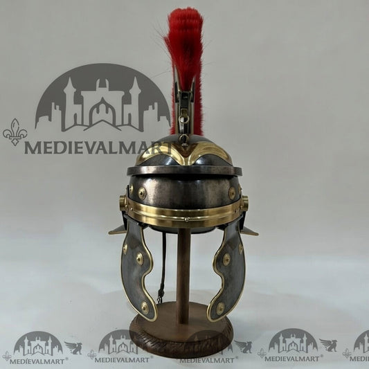 MEDIEVALMART Casque de Centurion Romain Gauloise Antique Finition Noire Réplique Plume Rouge avec Support Offert