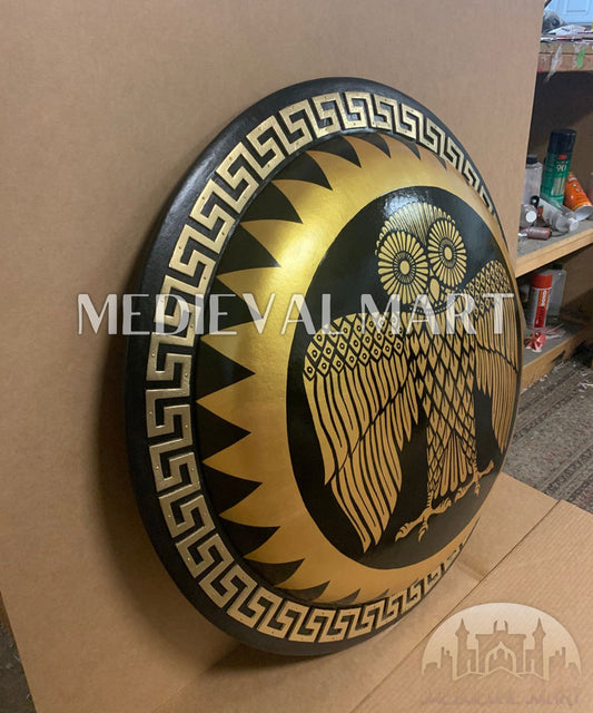 MEDIEVALMART Iconic Athenian Owl Ancient Greek Hoplite Battleworn Metal/Brass Shield | Gifts For Dad