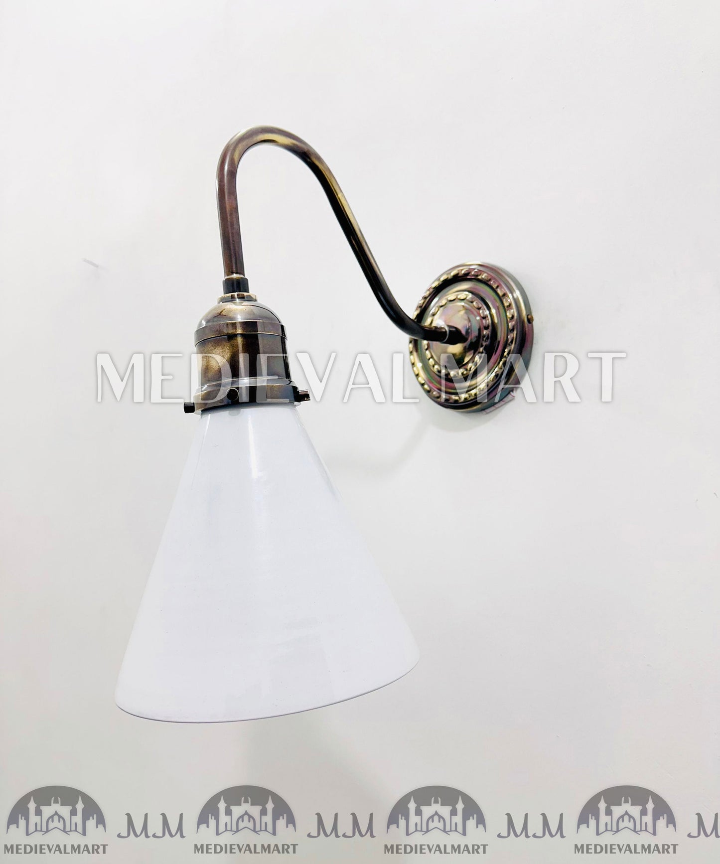 MEDIEVALMART Mid Century Modern Brass Diabolo Wall Lamp - White Glass Sconce