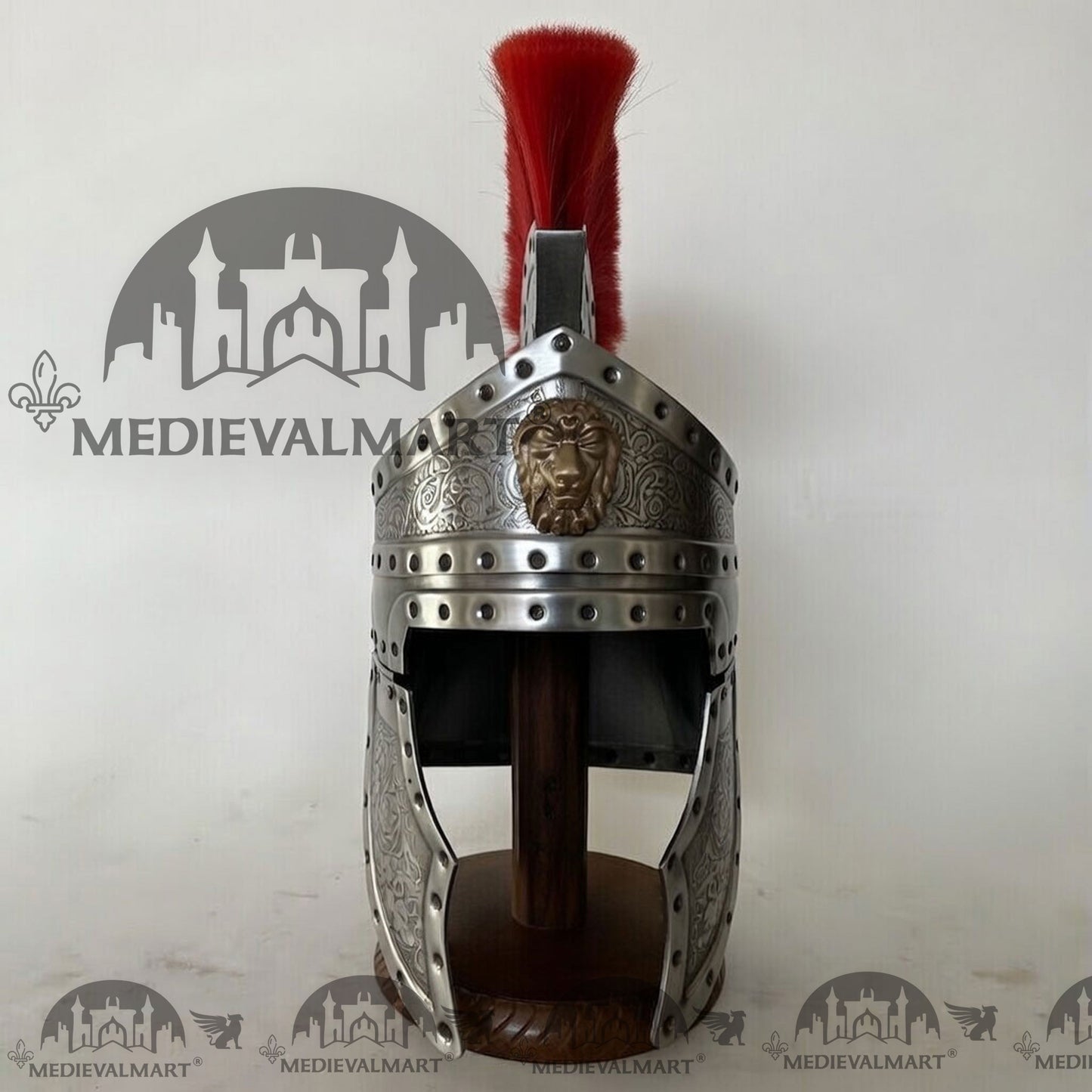 MEDIEVALMART Medieval Roman Centurion Silver Finish Helmet with Red Plume or Free Wooden Stand