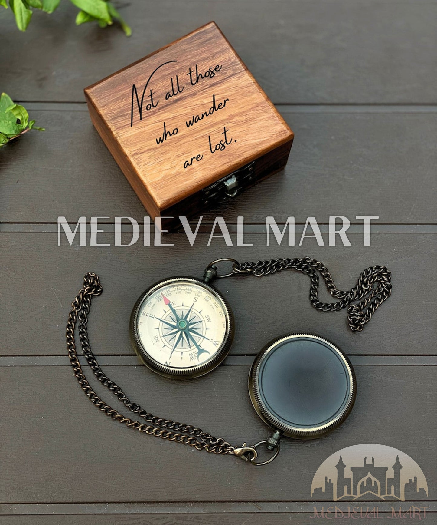 MEDIEVALMART Nautical Custom Engrave Adventure Locket Compass Black Finish W/H Gen-1 Wooden Case| Gift For Dad