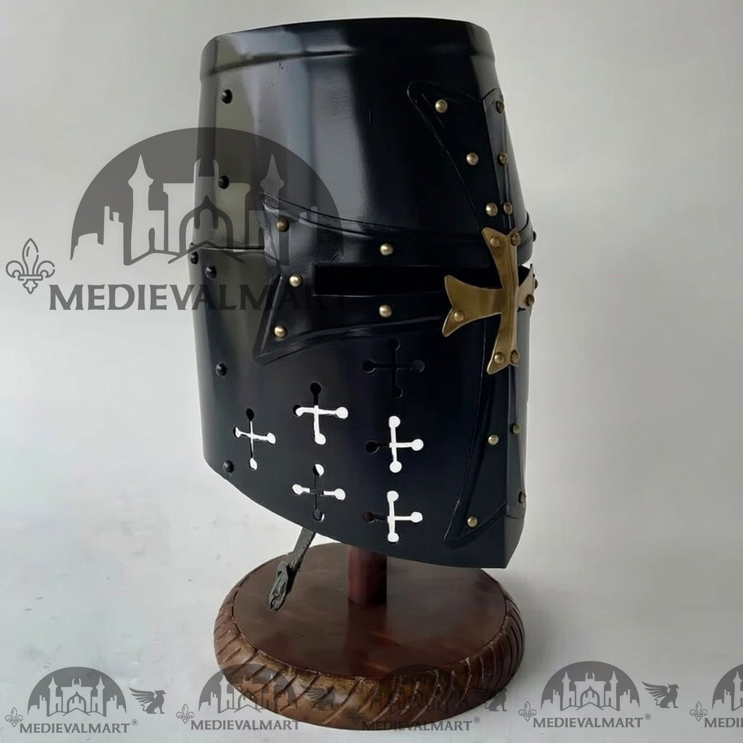 MEDIEVALMART Special Templar Crusader Knight Black Finish Helmet W/H Free Stand