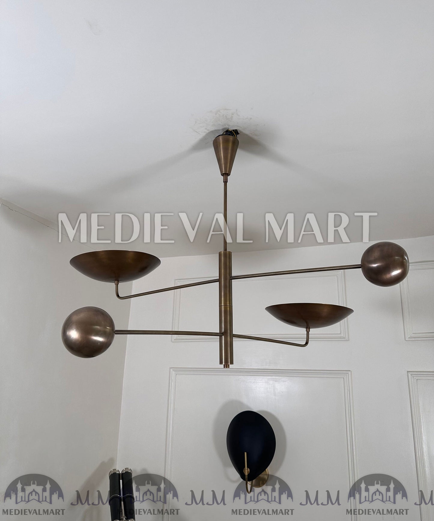 MEDIEVALMART Antique Italian Brass Mid Century Modern Chandelier | 2-Light Counterweight Fixture