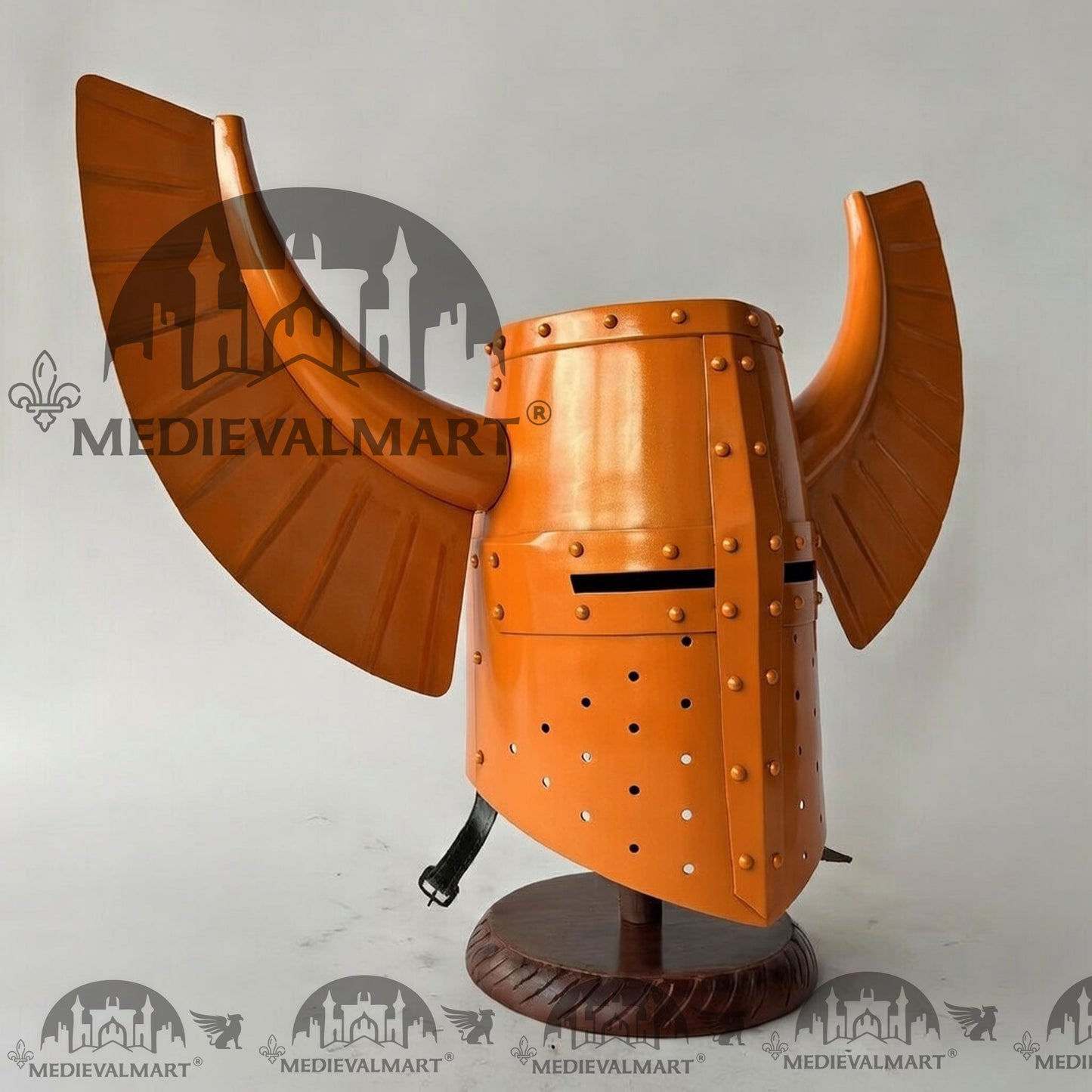 MEDIEVALMART Medieval Templar Warrior Teutonic Orange Finish Wing Helmet with Free Stand