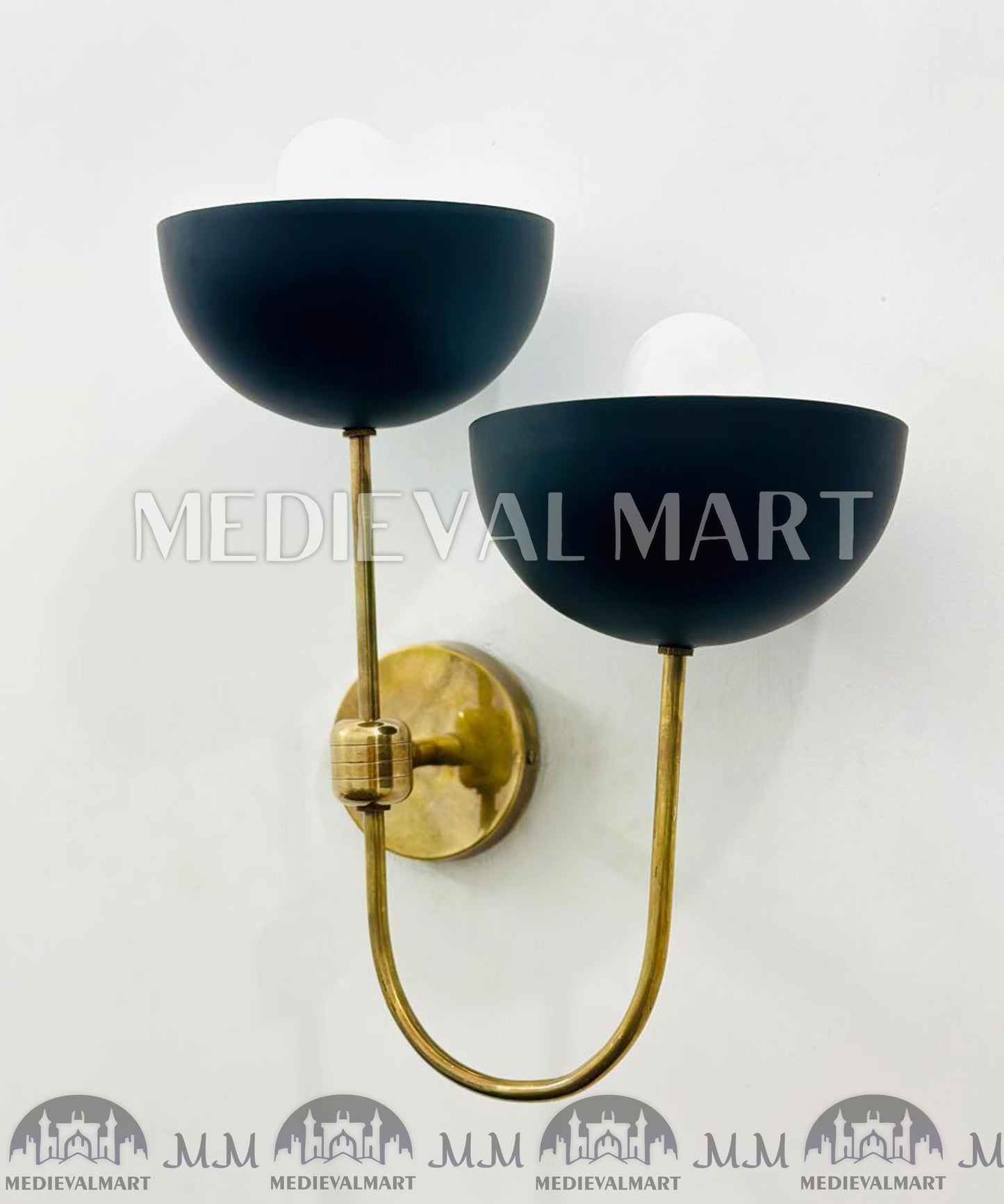 MEDIEVALMART Handmade Brass Mid Century Wall Sconce - Matte Black Bowl Sconce