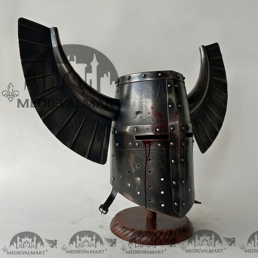 MEDIEVALMART Casque ailé de guerrier templier teutonique médiéval noir endommagé avec finition sang et support gratuit