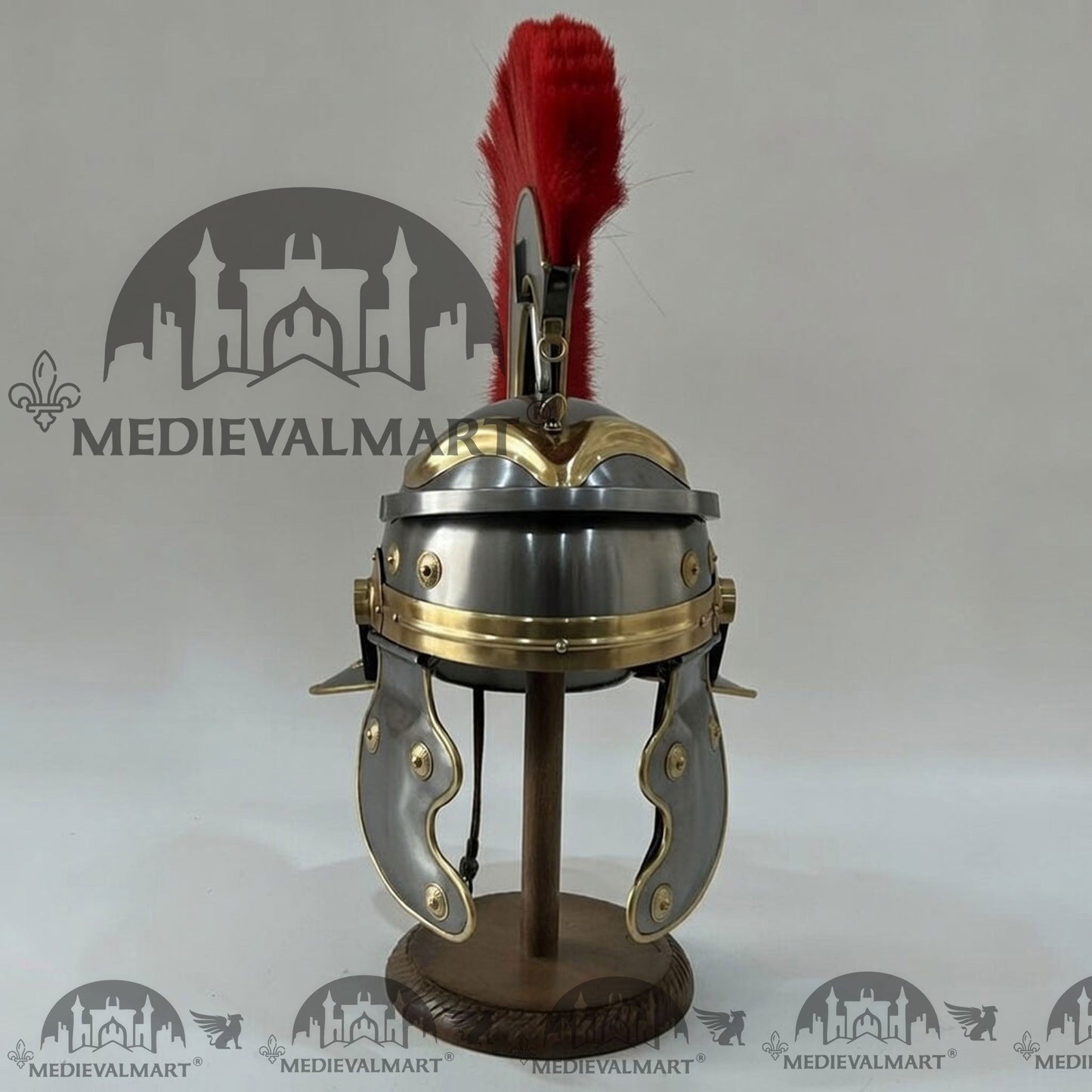 MEDIEVALMART Gallic Roman Centurion Silver Finish Helmet Replica Red Plume with Free Stand