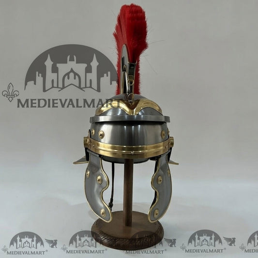 MEDIEVALMART Casque de Centurion Romain Gaulois Finition Argentée avec Panache Rouge et Support Offert