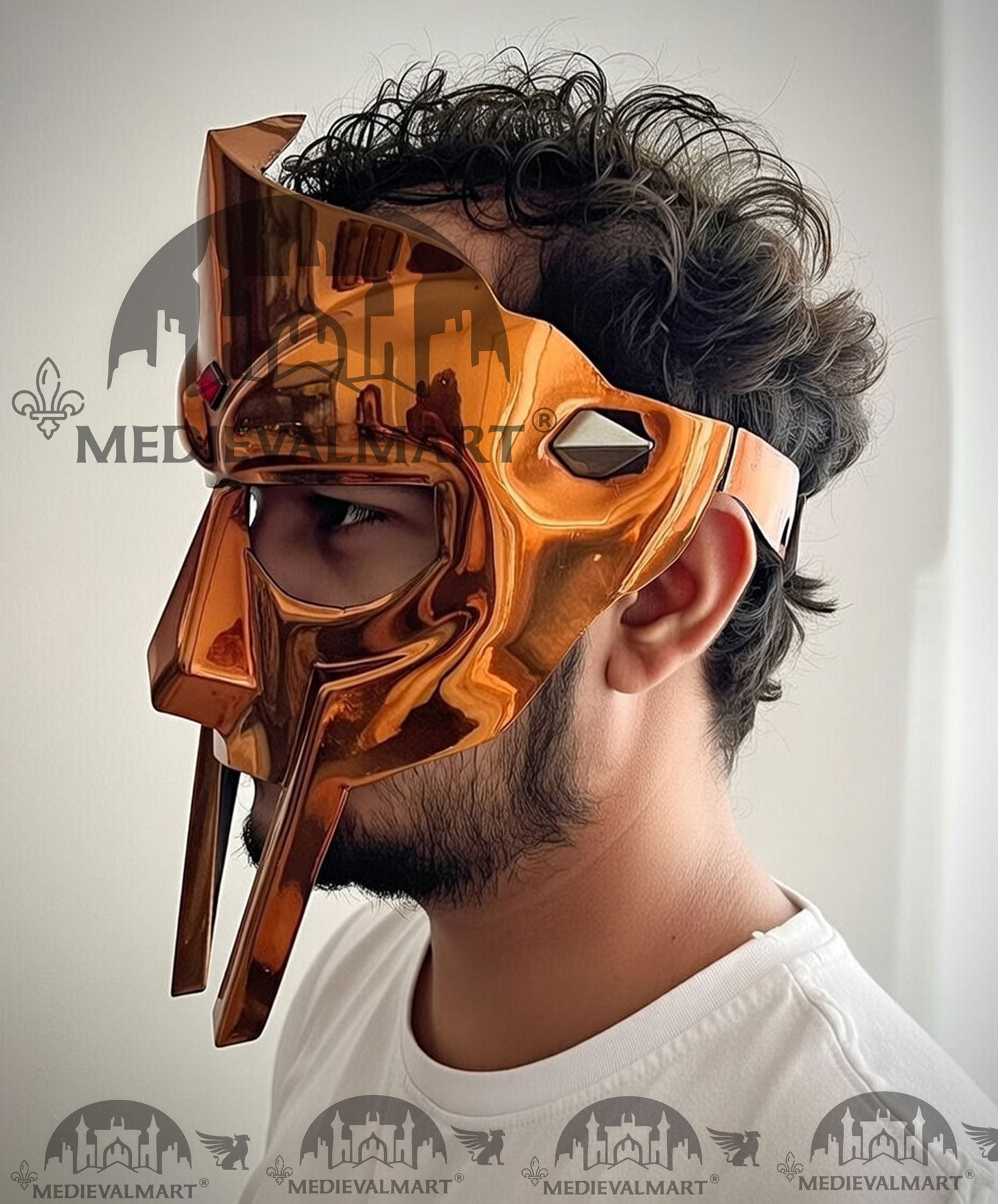 MEDIEVALMART PREMIUM MF DOOM Mask Mad Villain Orange Gold Finish Steel Face Armor