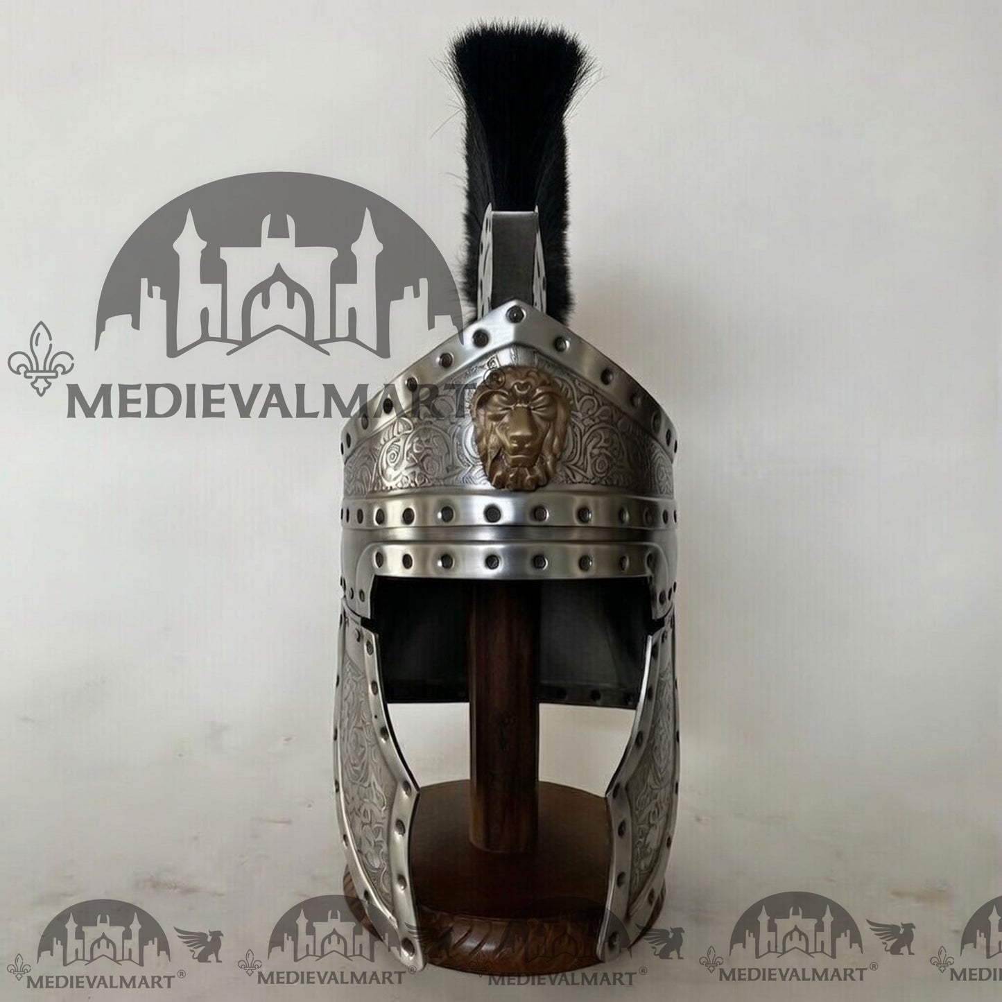 MEDIEVALMART Medieval Roman Centurion Silver Finish Helmet with Black Plume or Free Wooden Stand