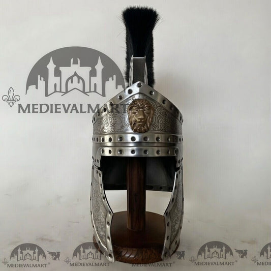 MEDIEVALMART Casque de Centurion Romain Médiéval Finition Argentée avec panache noir ou support en bois gratuit