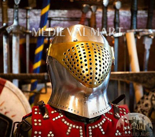 MEDIEVALMART British Ancient Battle Ready Warrior Bicoque Kasten-brust Helmet with Brass Face Mask