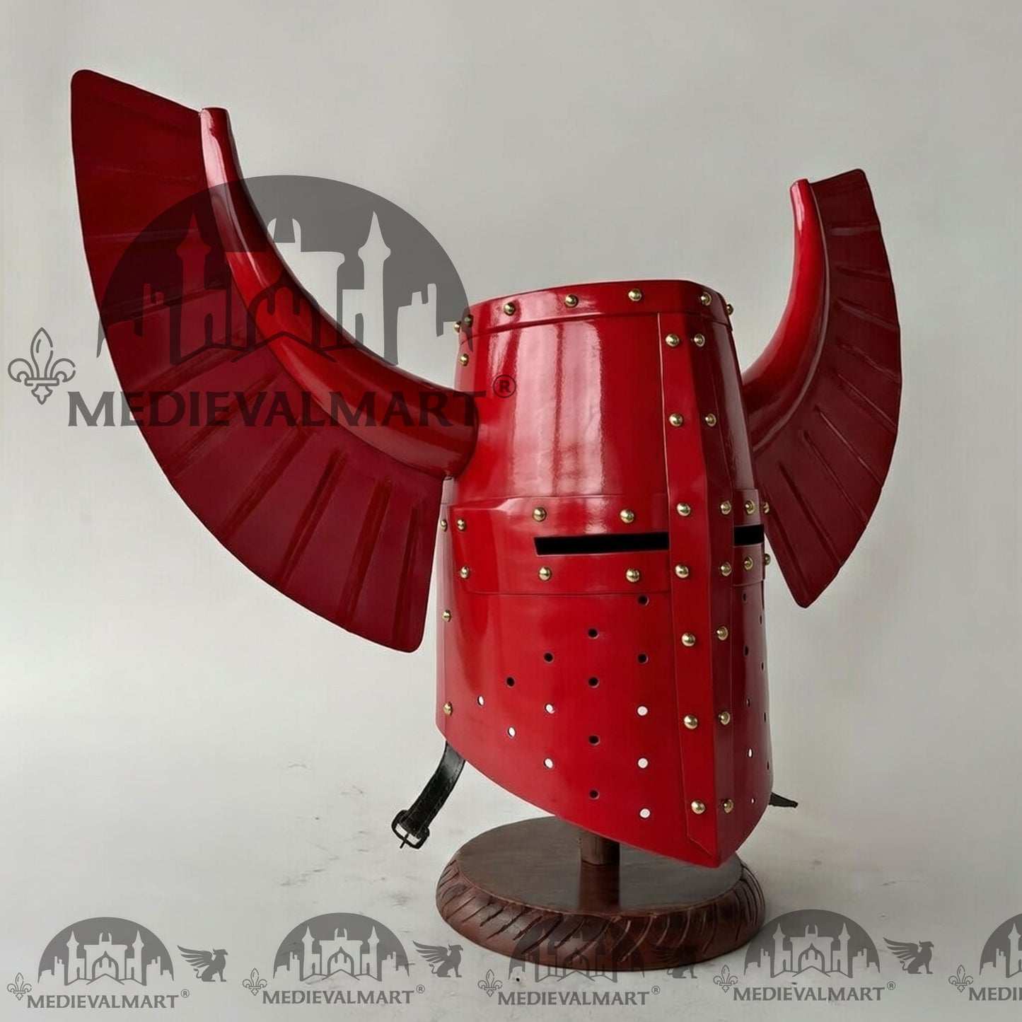 MEDIEVALMART Medieval Templar Warrior Teutonic Antique Red W/H Gold Rivets Wing Helmet with Free Stand