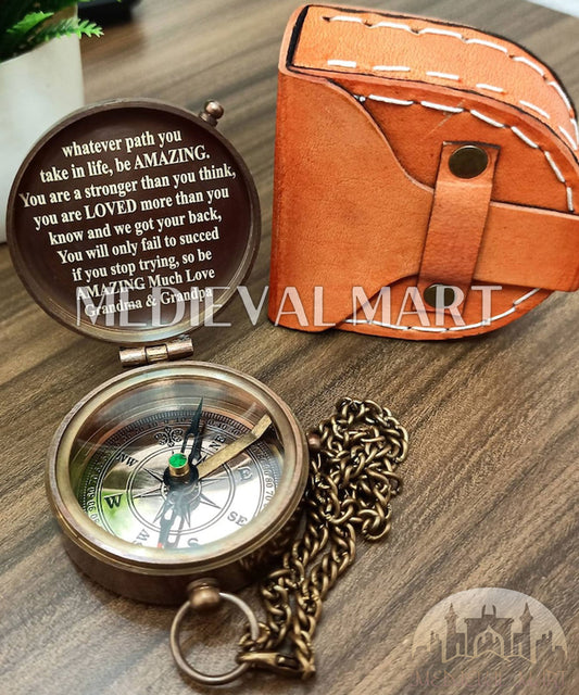 MEDIEVALMART Nautical 100 Years Colander Pirates Compass Gold Finish W/H Leather Case | Gift For Dad