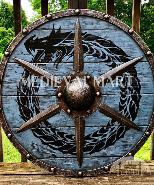 MEDIEVALMART Viking's Blue Ouroboros Iron Spikes Battleworn Viking Wooden Shield | Gifts For Dad