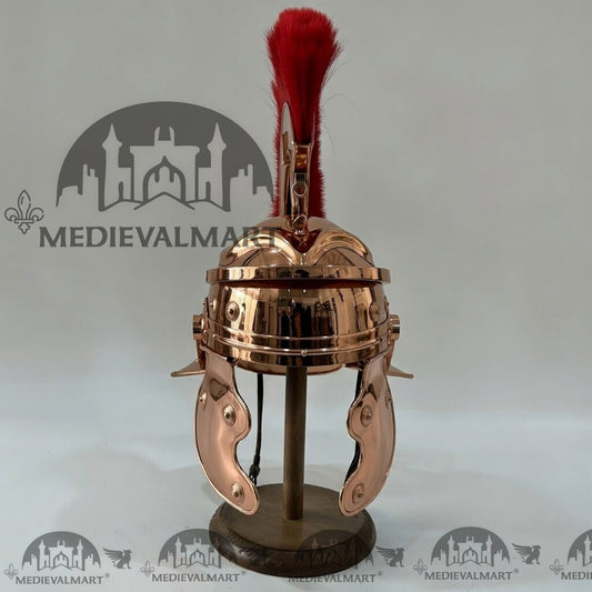 MEDIEVALMART Casque de Centurion Romain Gaullois en Cuivre avec Plume Rouge et Support Offert