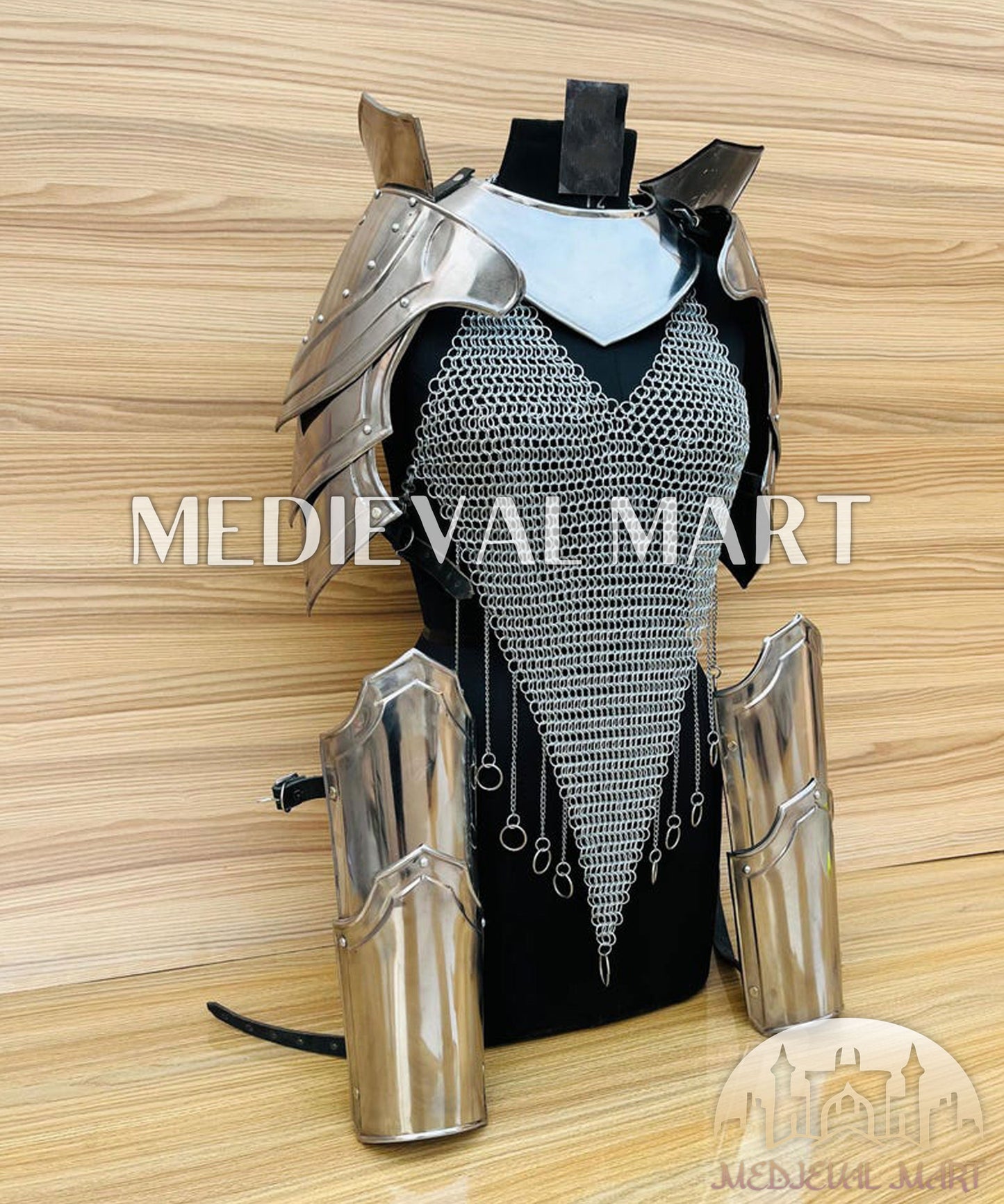 MEDIEVALMART (Isolara Dragonplate) Women’s Armor W/H Silver (DragonFang) Chainmail + Arms Armor