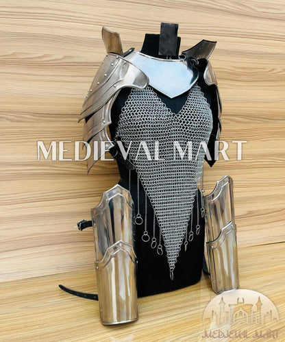 MEDIEVALMART (Isolara Dragonplate) Women’s Armor W/H Silver (DragonFang) Chainmail + Arms Armor