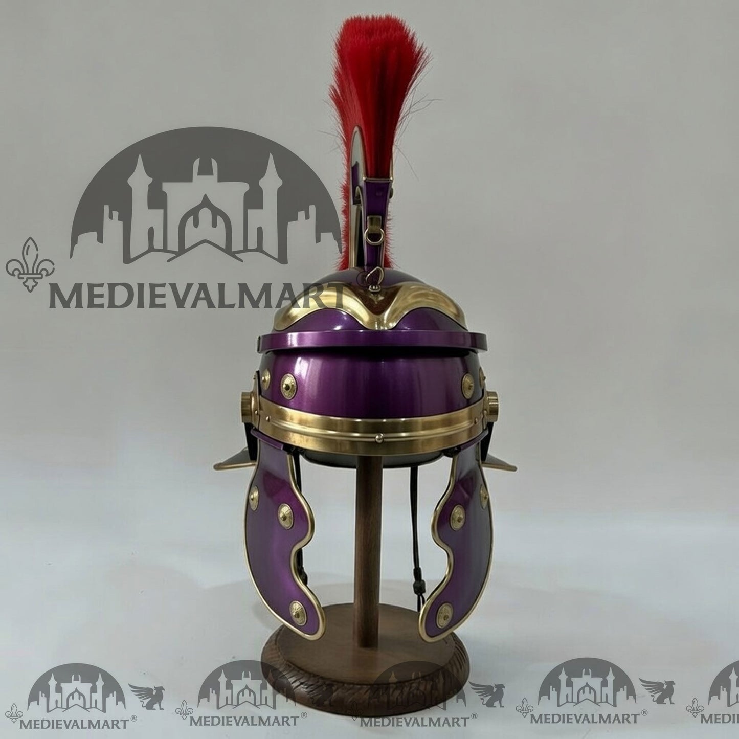 MEDIEVALMART Gallic Roman Centurion Purple Finish Helmet Replica Red Plume with Free Stand