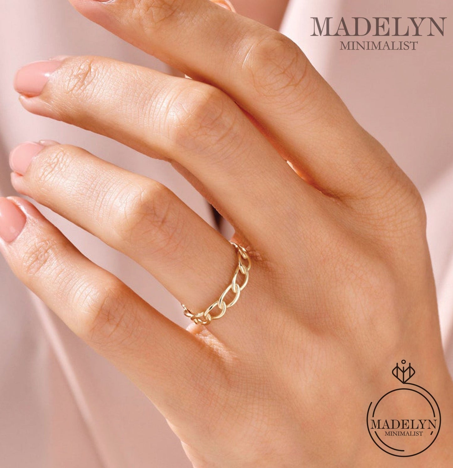 MADELYN MINIMALIST 14k Solid Gold Minimalist Oval Chain Ring, Curb Link Stacking Band for Women | Gift for Mom